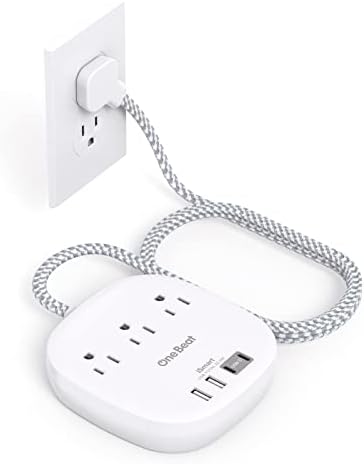 One Beat Flat Plug Power Strip, 5ft Flat Extension Cord, 3 Outlets 4 USB Ports (2 USB C) 22.5W/4.5A Desktop Charging Station Power Strip No Surge Protection, Cruise Ship Dorm Room Travel Essentials