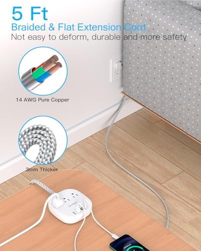 One Beat Flat Plug Power Strip, 5ft Flat Extension Cord, 3 Outlets 4 USB Ports (2 USB C) 22.5W/4.5A Desktop Charging Station Power Strip No Surge Protection, Cruise Ship Dorm Room Travel Essentials - Image 6