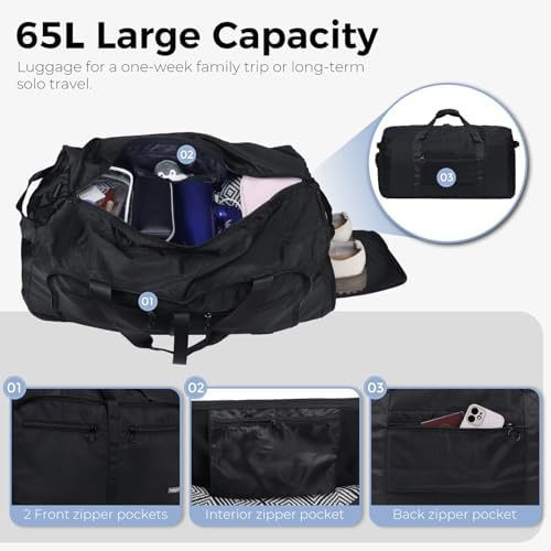 Fmeida 65L Duffle Bag with Shoes Compartment, Foldable Travel Duffel Bags for Men Women, Large Packable Travel Bag Water Repellent & Tear Resistant (Black) - Image 4