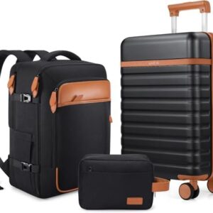 Luggage Sets 3 Piece, Carry On Luggage 20 Inch With Spinner Wheels,PC Hardside Suitcase Set with TSA Lock,Durable Carry On Suitcase With Travel Backpack for Men (Black, 3 piece set (20inch))