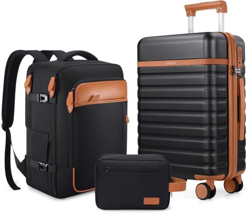 Luggage Sets 3 Piece, Carry On Luggage 20 Inch With Spinner Wheels,PC Hardside Suitcase Set with TSA Lock,Durable Carry On Suitcase With Travel Backpack for Men (Black, 3 piece set (20inch))