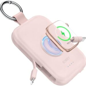 RORRY Portable Charger, 5000mAh Portable Charger Power Bank with Built-in Cables, Travel Keychain Battery Pack for Apple Watch Ultra 2/9/8/Ultra/7/6/SE/5, iPhone 16/15/14/13/12, Pink