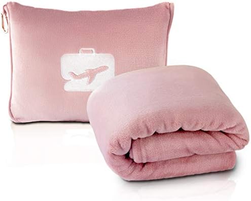 EverSnug Travel Blanket and Pillow - Ultra-Soft, Compact & Lightweight, 65x40 Inches, with Carry Case, Luggage Sleeve & Backpack Clip for Airplane Comfort (Light Pink)