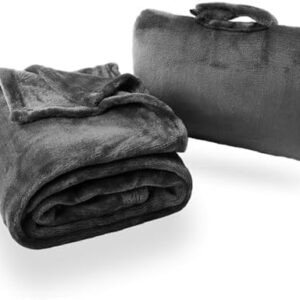 Cabeau Fold ‘n Go Travel and Throw Blanket Plus Compact Case - for Home and Travel - Doubles as Lumbar Pillow and Neck Support Pillow - French Microfiber Comfort - Charcoal