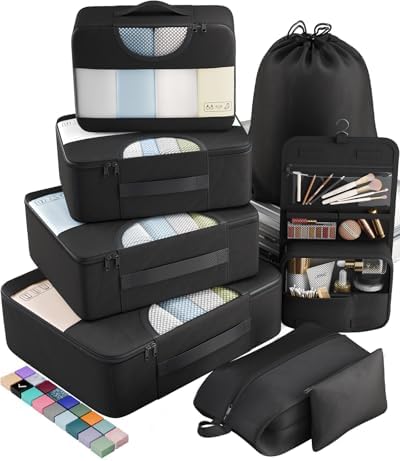 Veken 8 Set Packing Cubes for Travel Essentials, Suitcase Organizer Bags Set for Luggage, Road Trip Travel Accessories in 4 Sizes (Extra Large, Large, Medium, Small), Black