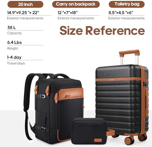 Luggage Sets 3 Piece, Carry On Luggage 20 Inch With Spinner Wheels,PC Hardside Suitcase Set with TSA Lock,Durable Carry On Suitcase With Travel Backpack for Men (Black, 3 piece set (20inch)) - Image 7