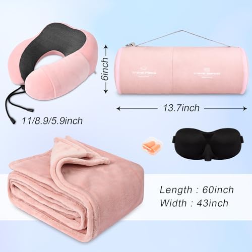 Travel Pillow and Blanket Set Neck Pillows Travel Essentials with Sleep Mask for Airplane Car Memory Foam Pink - Image 2