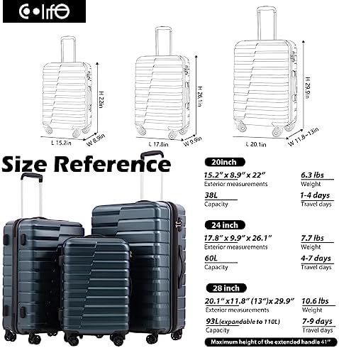 COOLIFE Expandable Suitcase PC ABS TSA Luggage 3 Piece Set Lock Spinner Carry on (Teal blue) - Image 7