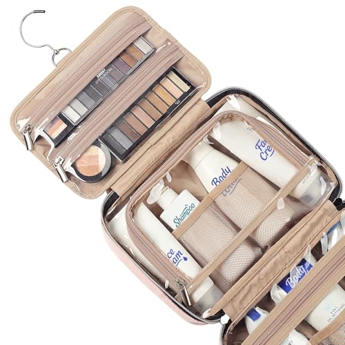 NISHEL Travel Toiletry Bag for women, Portable Hanging Organizer for Travel-Sized Shampoo, Conditioner, Brushes Set, makeup Accessories, Medium Size, Pink - Image 4