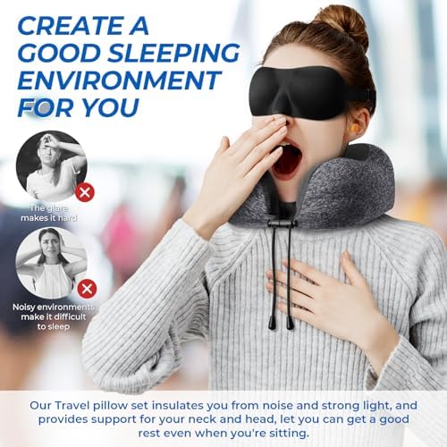 Travel Pillow, Travel Pillows for Sleeping Airplane, Removable Cover Neck Pillow with Adjustable Clasp, Memory Foam Neck Pillow Set with Eye Mask, Earplugs and Storage Bag (Dark Grey) - Image 5