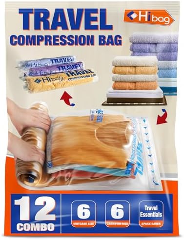 HIBAG 12 Compression Bags for Travel, Vacuum Packing Space Saver Zipper Bags for Cruise Accessories (12-Travel)