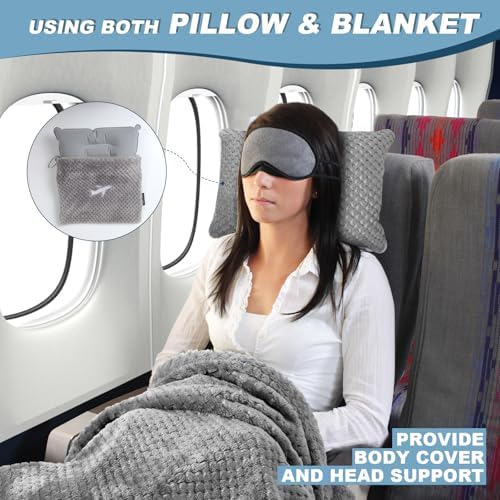 Travel Blanket Airplane Compact with Bag, Travel Essentials 3 in 1 Packable Airplane Blanket, Travel Pillow and Blanket Set, Inflatable Pillow, Luggage Sleeve & Backpack Clip (Light Grey) - Image 2