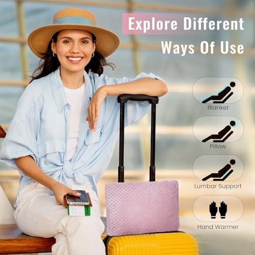 Travel Pillow Blanket Set-3 in 1 Travel Pillow Memory Foam, Soft Travel Blanket Airplane Compact with Bag, Inner Pillowcase, Hand Luggage Belts and Backpack Clip, for Plane Car, Pink - Image 6