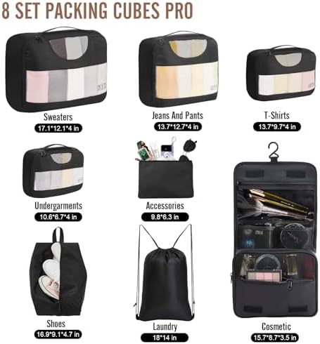 Veken 8 Set Packing Cubes for Travel Essentials, Suitcase Organizer Bags Set for Luggage, Road Trip Travel Accessories in 4 Sizes (Extra Large, Large, Medium, Small), Black - Image 2