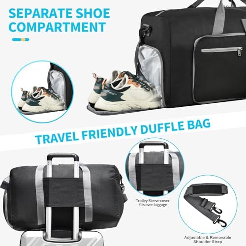 Felipe Varela Duffle Bag with Shoes Compartment and Adjustable Strap,Foldable Travel Duffel Bags for Men Women,Waterproof Duffel Bags - Image 5