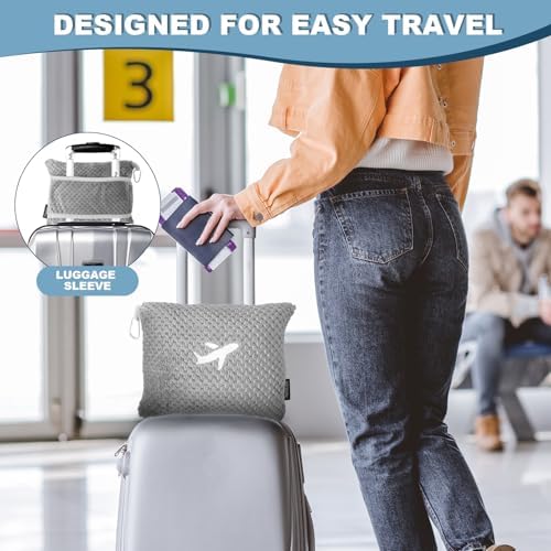 Travel Blanket Airplane Compact with Bag, Travel Essentials 3 in 1 Packable Airplane Blanket, Travel Pillow and Blanket Set, Inflatable Pillow, Luggage Sleeve & Backpack Clip (Light Grey) - Image 4
