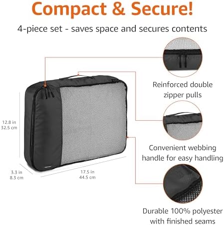 Amazon Basics Large Packing Cubes for Travel, Packing Organizers, 4-Piece-Set With Double Zipper Pulls and Mesh Top Panel, 100% Durable Polyester, Black, 17.5"L x 12.8"W x 3.3"H - Image 3